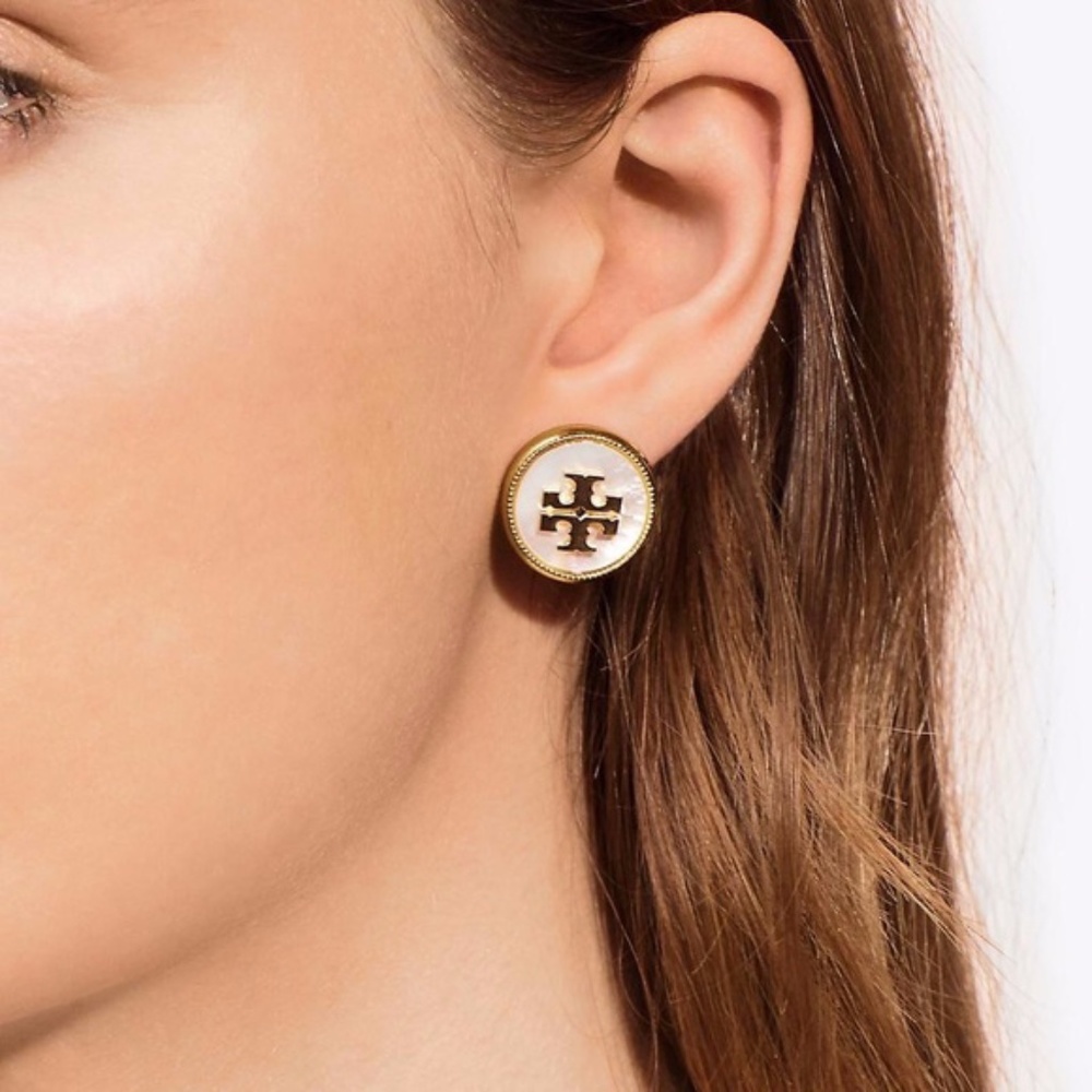 Tory Burch Logo Stud Mother of Pearl Earrings